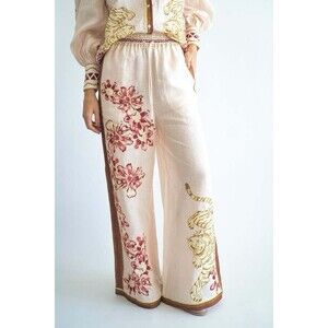 $436 Las Surenas Linen Pants Women’s Flower Tiger Graphic In Nude Sz Large NWT